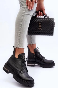 Clearance Zazoo 60309 Damskie Skórzane Botki Na Płaskim Obcasie Czarne Damskie Botki Sznurowane|Czarne Botki