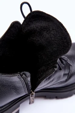 Clearance Zazoo 60309 Damskie Skórzane Botki Na Płaskim Obcasie Czarne Damskie Botki Sznurowane|Czarne Botki