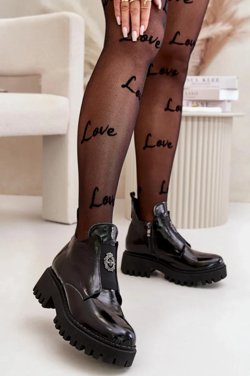 Discount Boto Zazoo 60451 Damskie Skórzane Botki Z Ozdobą Lakierowane Czarne