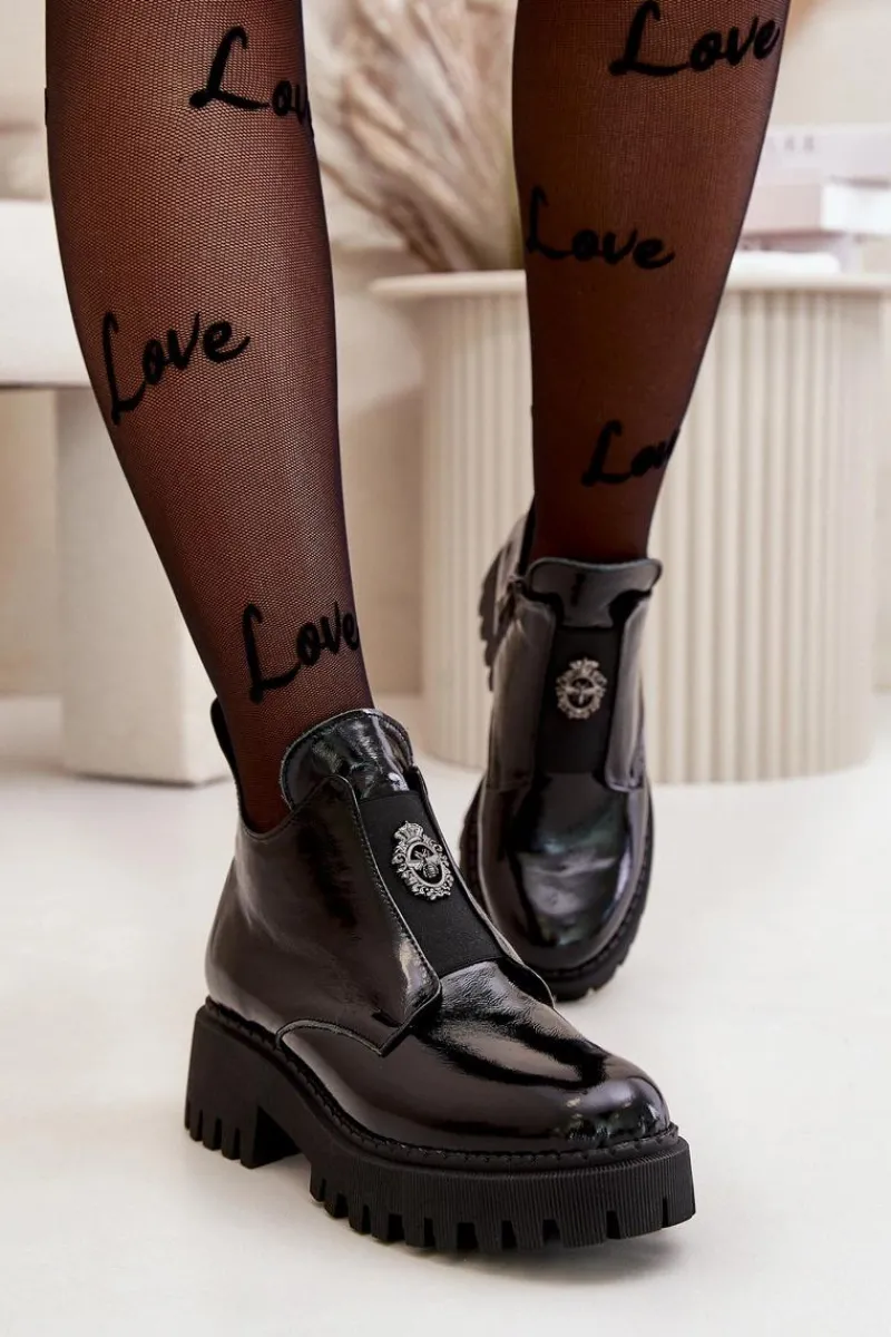 Discount Boto Zazoo 60451 Damskie Skórzane Botki Z Ozdobą Lakierowane Czarne