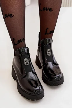 Discount Boto Zazoo 60451 Damskie Skórzane Botki Z Ozdobą Lakierowane Czarne