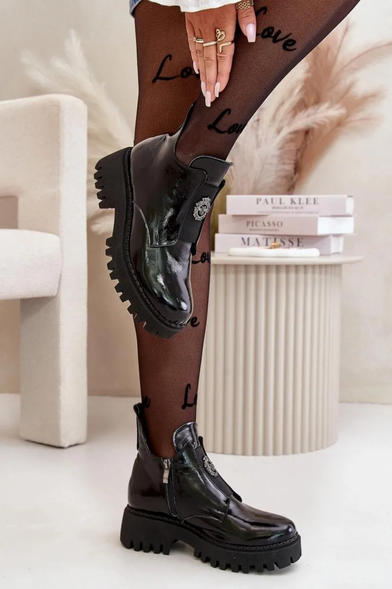 Discount Boto Zazoo 60451 Damskie Skórzane Botki Z Ozdobą Lakierowane Czarne