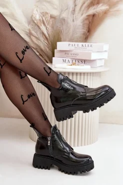 Discount Boto Zazoo 60451 Damskie Skórzane Botki Z Ozdobą Lakierowane Czarne