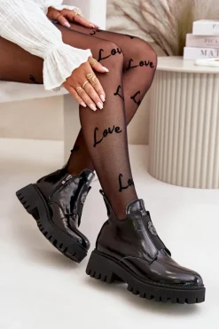 Discount Boto Zazoo 60451 Damskie Skórzane Botki Z Ozdobą Lakierowane Czarne