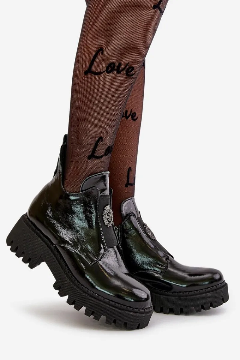 Discount Boto Zazoo 60451 Damskie Skórzane Botki Z Ozdobą Lakierowane Czarne