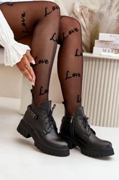 New Zazoo 60483 Damskie Skórzane Botki Z Niską Cholewką Ocieplane Czarne Czarny