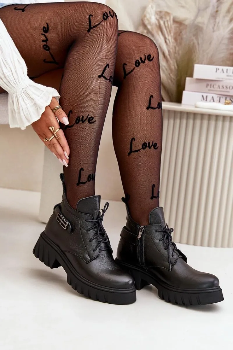 New Zazoo 60483 Damskie Skórzane Botki Z Niską Cholewką Ocieplane Czarne Czarny