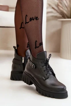 New Zazoo 60483 Damskie Skórzane Botki Z Niską Cholewką Ocieplane Czarne Czarny