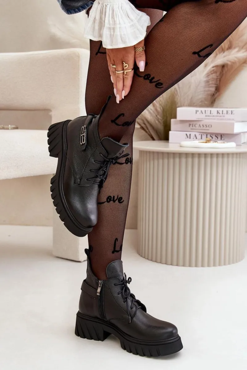 New Zazoo 60483 Damskie Skórzane Botki Z Niską Cholewką Ocieplane Czarne Czarny