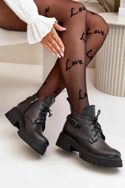 New Zazoo 60483 Damskie Skórzane Botki Z Niską Cholewką Ocieplane Czarne Czarny