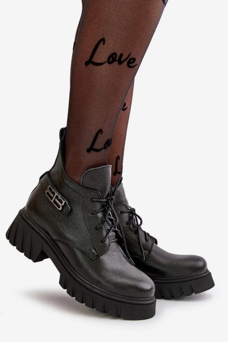 New Zazoo 60483 Damskie Skórzane Botki Z Niską Cholewką Ocieplane Czarne Czarny