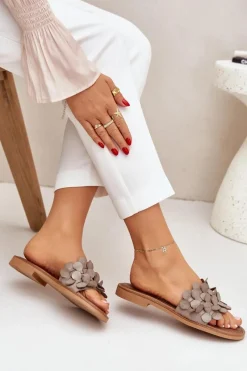 Clearance Zazoo 40381 Damskie Skórzane Klapki Na Płaskim Obcasie Taupe Beżowy