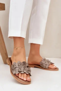 Clearance Zazoo 40381 Damskie Skórzane Klapki Na Płaskim Obcasie Taupe Beżowy