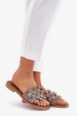 Clearance Zazoo 40381 Damskie Skórzane Klapki Na Płaskim Obcasie Taupe Beżowy