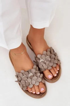 Clearance Zazoo 40381 Damskie Skórzane Klapki Na Płaskim Obcasie Taupe Beżowy