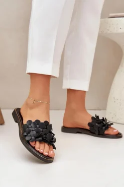 New 40381 Damskie Skórzane Klapki Na Płaskim Obcasie Czarne Damskie Klapki Damskie Klasyczne