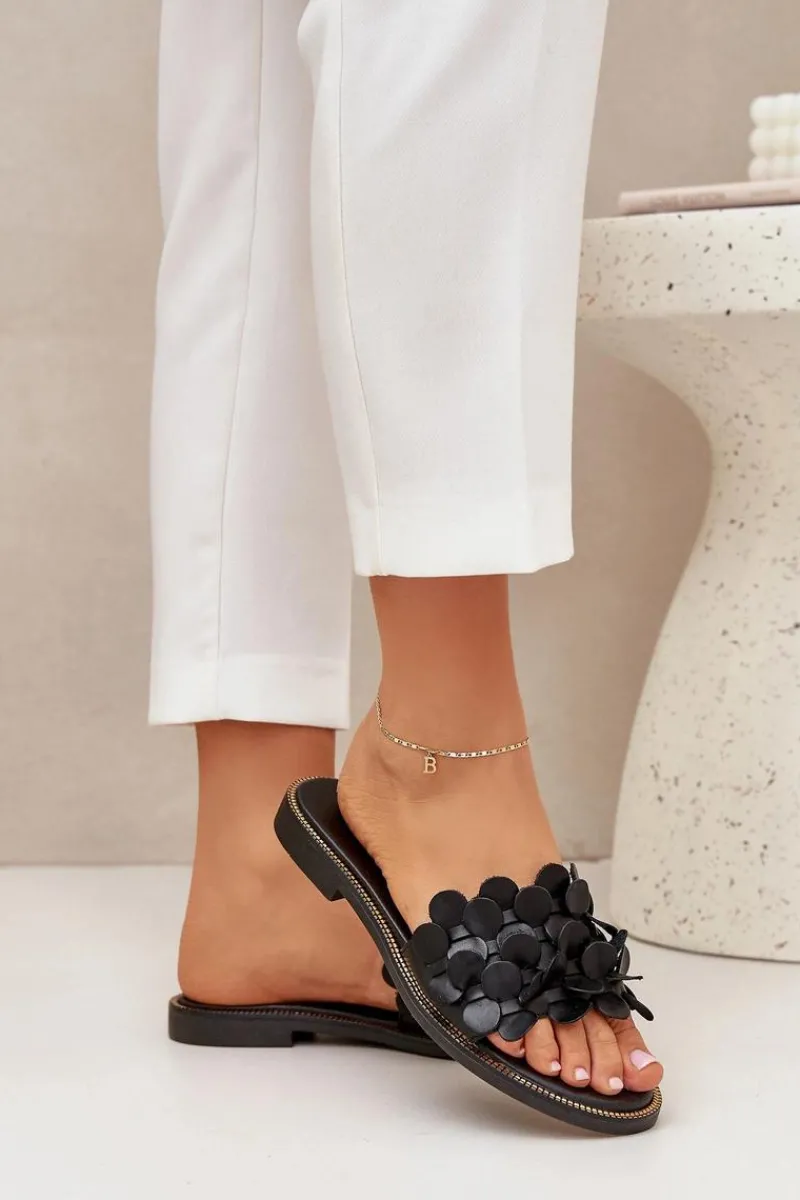 New 40381 Damskie Skórzane Klapki Na Płaskim Obcasie Czarne Damskie Klapki Damskie Klasyczne