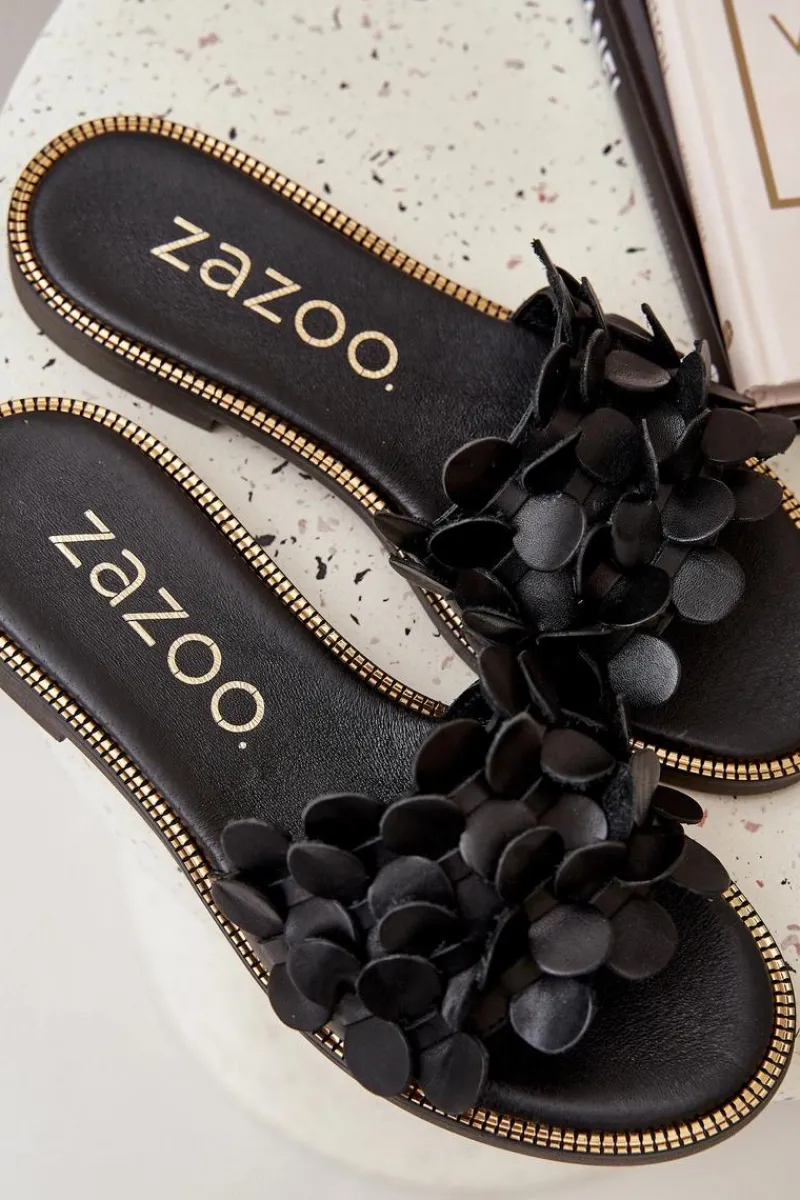 New 40381 Damskie Skórzane Klapki Na Płaskim Obcasie Czarne Damskie Klapki Damskie Klasyczne