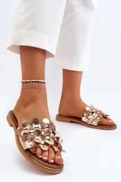 Klapki Damskie Klasyczne>Zazoo 40381 Damskie Skórzane Klapki Na Płaskim Obcasie Złote Złoty