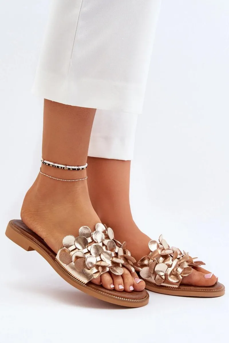 Klapki Damskie Klasyczne>Zazoo 40381 Damskie Skórzane Klapki Na Płaskim Obcasie Złote Złoty