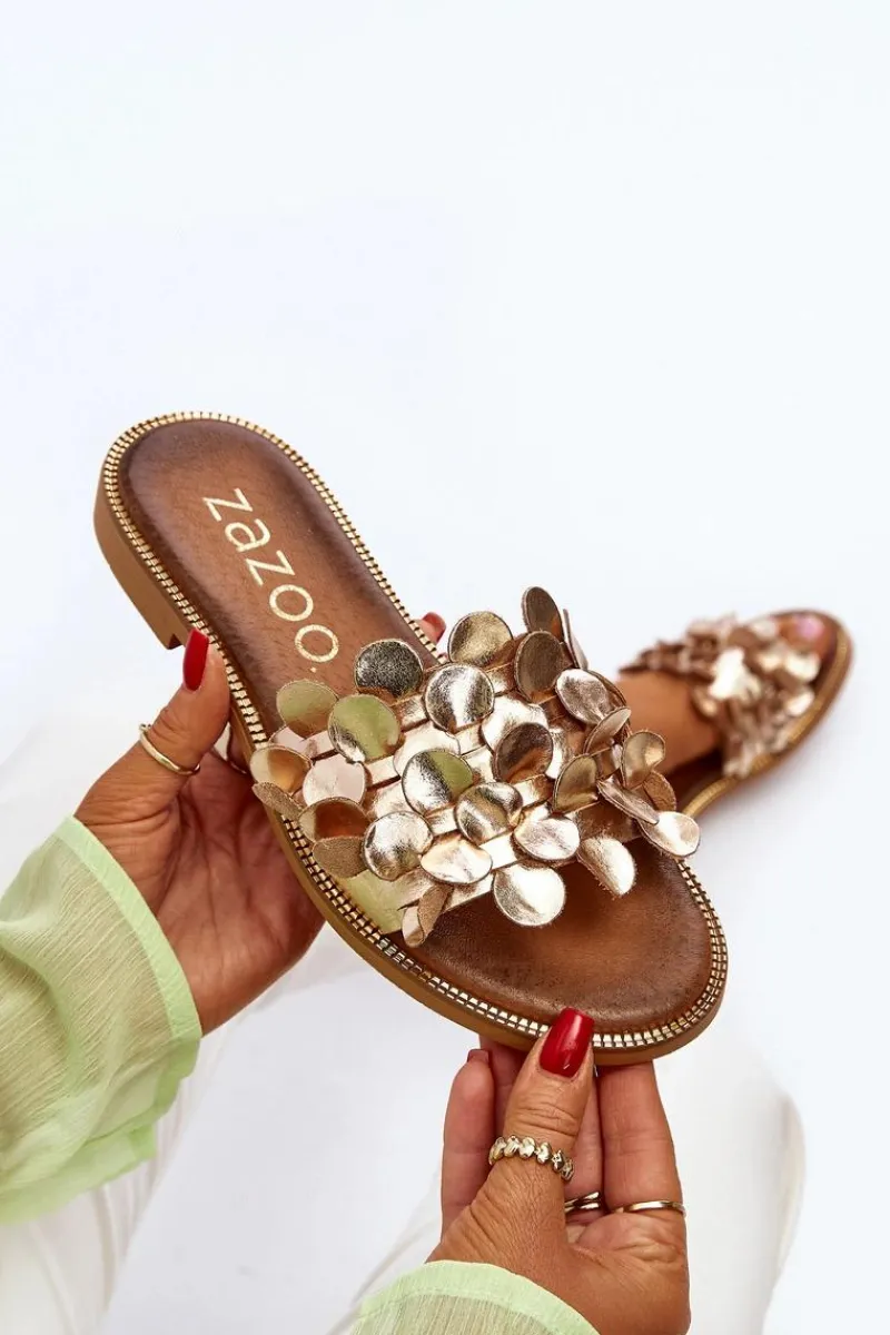 Klapki Damskie Klasyczne>Zazoo 40381 Damskie Skórzane Klapki Na Płaskim Obcasie Złote Złoty