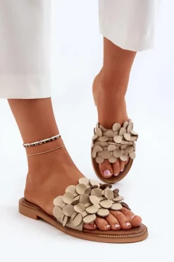 Online 40381 Damskie Skórzane Klapki Na Płaskim Obcasie Beżowe Damskie Klapki Damskie Klasyczne