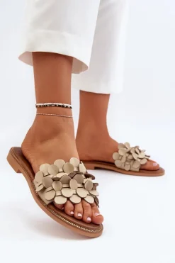 Online 40381 Damskie Skórzane Klapki Na Płaskim Obcasie Beżowe Damskie Klapki Damskie Klasyczne