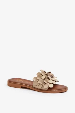 Online 40381 Damskie Skórzane Klapki Na Płaskim Obcasie Beżowe Damskie Klapki Damskie Klasyczne