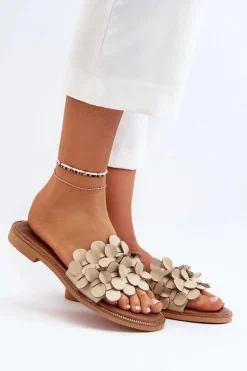 Online 40381 Damskie Skórzane Klapki Na Płaskim Obcasie Beżowe Damskie Klapki Damskie Klasyczne