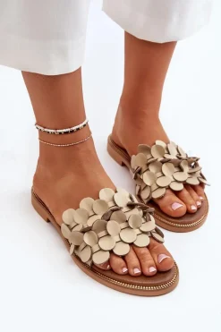 Online 40381 Damskie Skórzane Klapki Na Płaskim Obcasie Beżowe Damskie Klapki Damskie Klasyczne