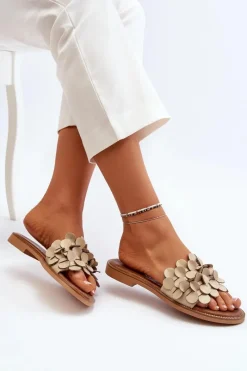 Online 40381 Damskie Skórzane Klapki Na Płaskim Obcasie Beżowe Damskie Klapki Damskie Klasyczne