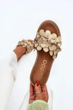 Online 40381 Damskie Skórzane Klapki Na Płaskim Obcasie Beżowe Damskie Klapki Damskie Klasyczne