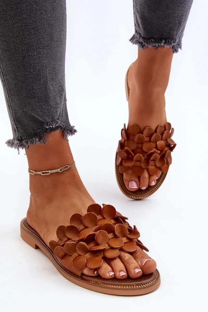 Klapki Damskie Klasyczne>Zazoo 40381 Damskie Skórzane Klapki Na Płaskim Obcasie Brązowe Brązowy