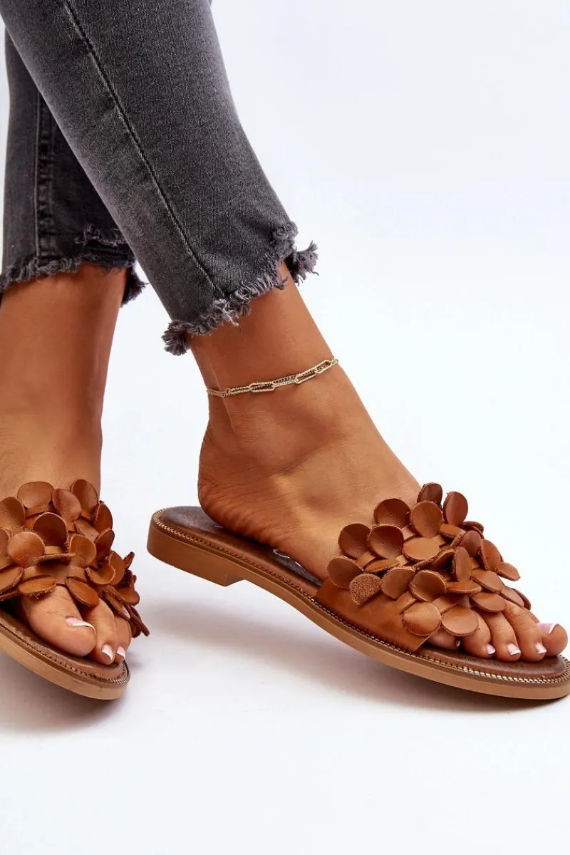 Klapki Damskie Klasyczne>Zazoo 40381 Damskie Skórzane Klapki Na Płaskim Obcasie Brązowe Brązowy