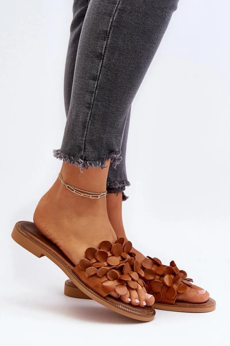 Klapki Damskie Klasyczne>Zazoo 40381 Damskie Skórzane Klapki Na Płaskim Obcasie Brązowe Brązowy