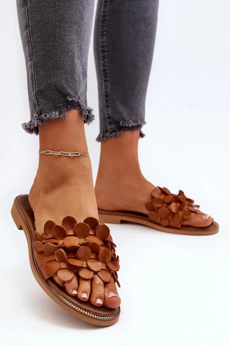 Klapki Damskie Klasyczne>Zazoo 40381 Damskie Skórzane Klapki Na Płaskim Obcasie Brązowe Brązowy