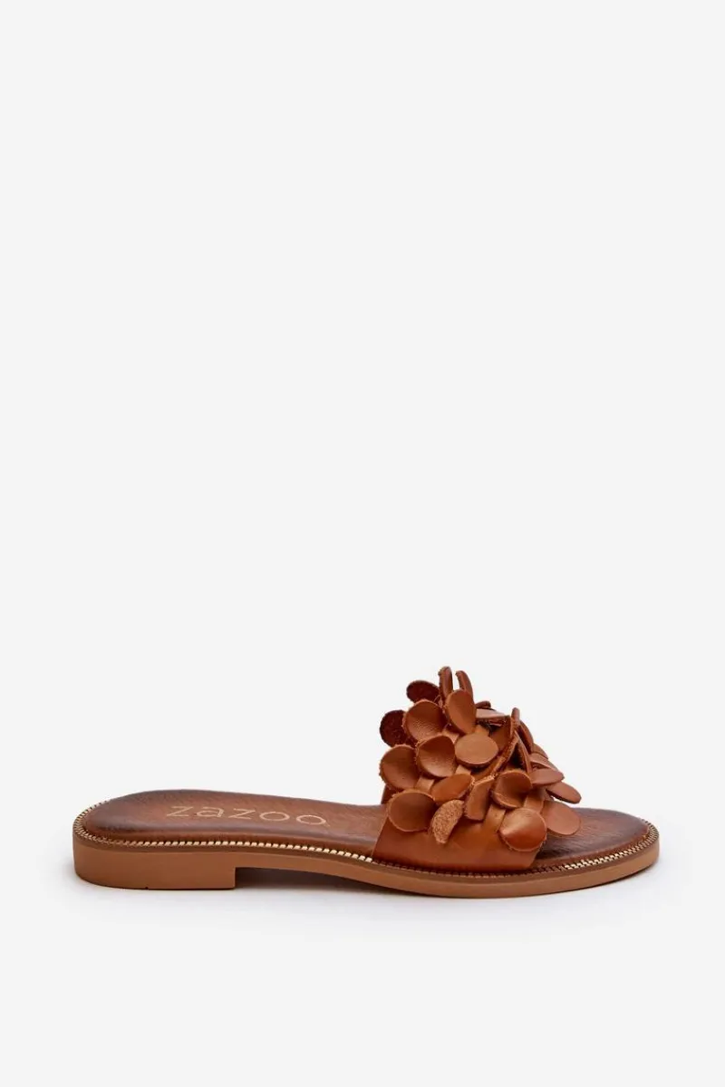 Klapki Damskie Klasyczne>Zazoo 40381 Damskie Skórzane Klapki Na Płaskim Obcasie Brązowe Brązowy