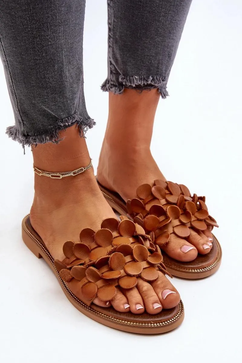 Klapki Damskie Klasyczne>Zazoo 40381 Damskie Skórzane Klapki Na Płaskim Obcasie Brązowe Brązowy