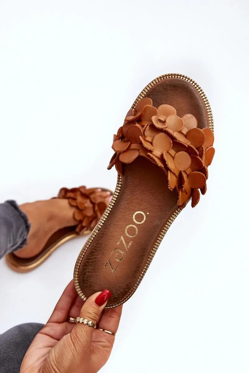 Klapki Damskie Klasyczne>Zazoo 40381 Damskie Skórzane Klapki Na Płaskim Obcasie Brązowe Brązowy