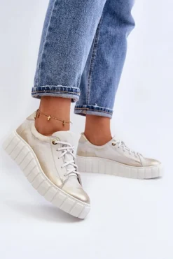 Hot Zazoo 2919 Damskie Skórzane Półbuty Na Grubej Podeszwie Złote