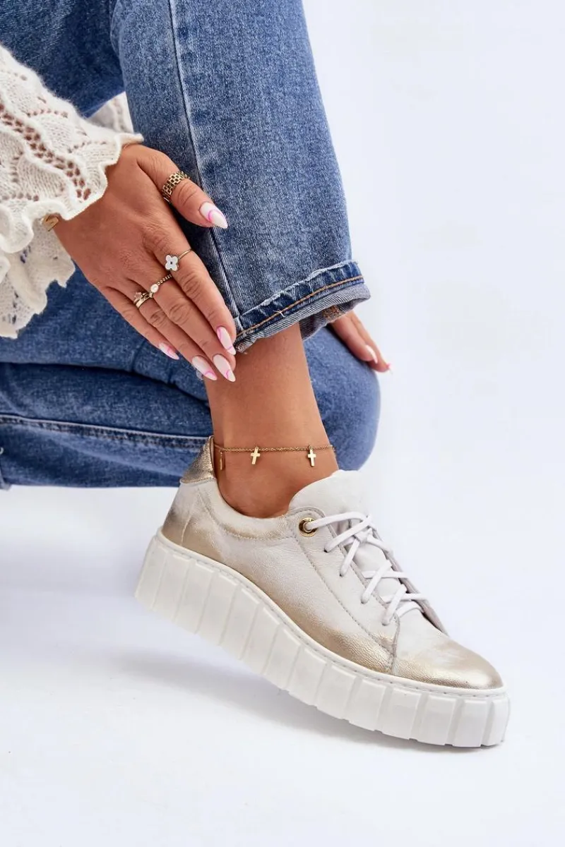 Hot Zazoo 2919 Damskie Skórzane Półbuty Na Grubej Podeszwie Złote