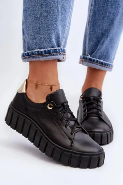 Półbuty Skórzane>Zazoo 2919 Damskie Skórzane Półbuty Na Grubej Podeszwie Czarne Czarny