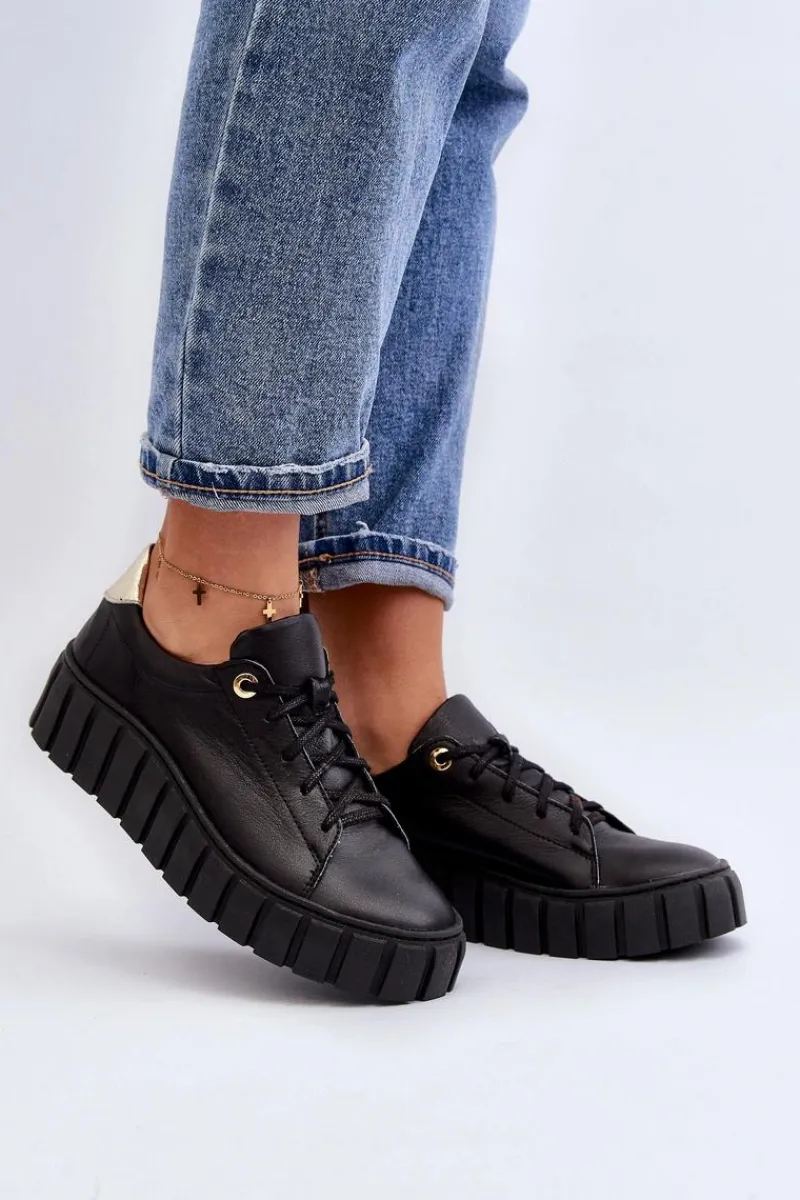 Półbuty Skórzane>Zazoo 2919 Damskie Skórzane Półbuty Na Grubej Podeszwie Czarne Czarny