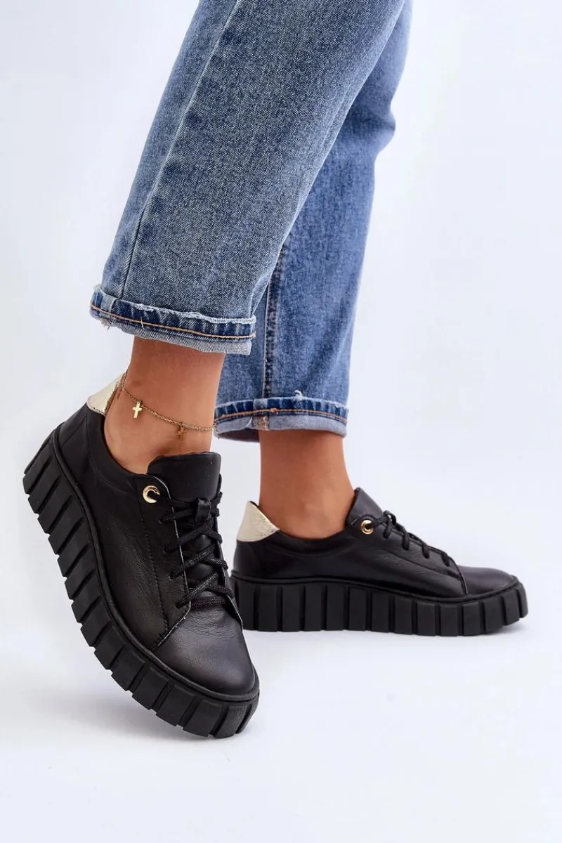 Półbuty Skórzane>Zazoo 2919 Damskie Skórzane Półbuty Na Grubej Podeszwie Czarne Czarny