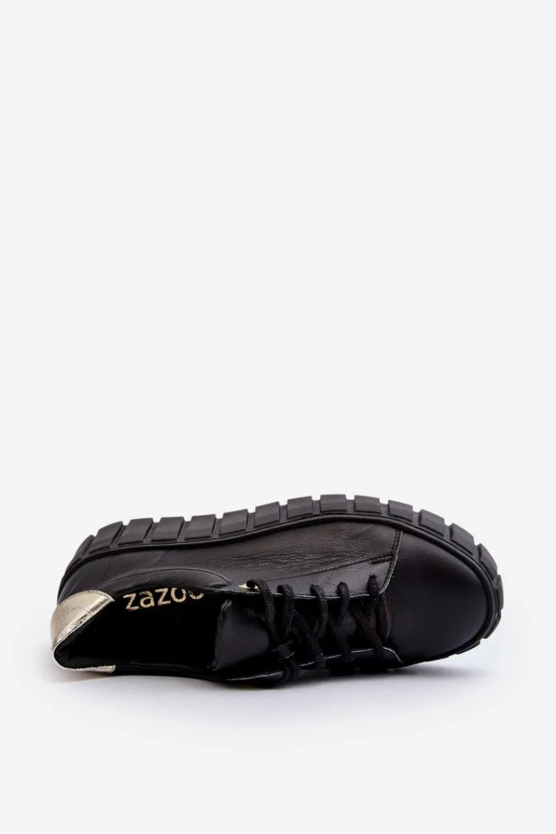 Półbuty Skórzane>Zazoo 2919 Damskie Skórzane Półbuty Na Grubej Podeszwie Czarne Czarny