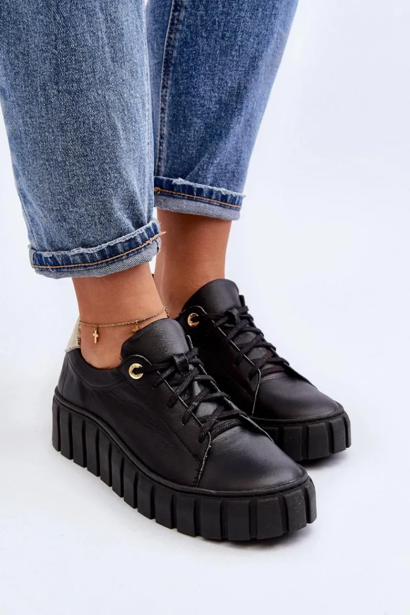 Półbuty Skórzane>Zazoo 2919 Damskie Skórzane Półbuty Na Grubej Podeszwie Czarne Czarny