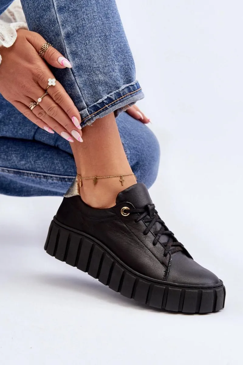 Półbuty Skórzane>Zazoo 2919 Damskie Skórzane Półbuty Na Grubej Podeszwie Czarne Czarny