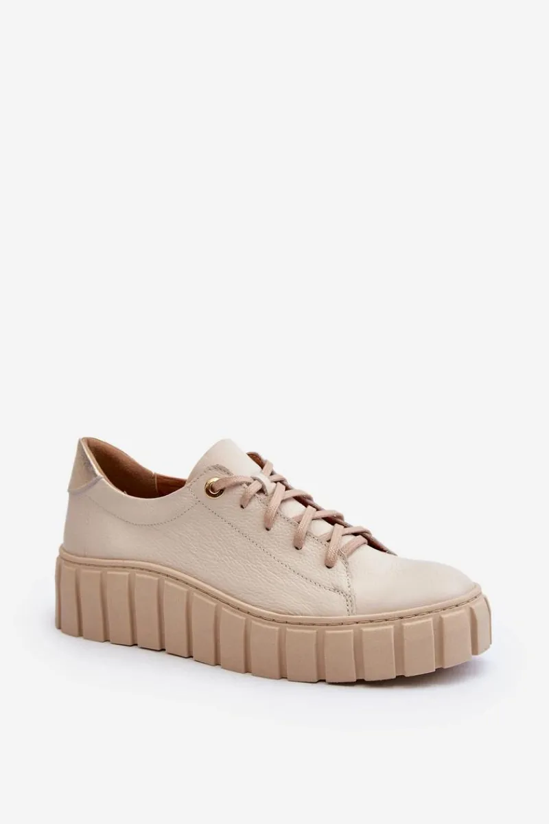 2919 Damskie Skórzane Półbuty Na Grubej Podeszwie Beżowe Damskie Półbuty Skórzane