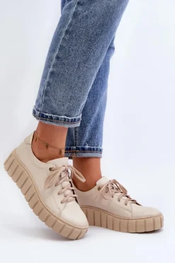 2919 Damskie Skórzane Półbuty Na Grubej Podeszwie Beżowe Damskie Półbuty Skórzane