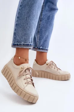 2919 Damskie Skórzane Półbuty Na Grubej Podeszwie Beżowe Damskie Półbuty Skórzane